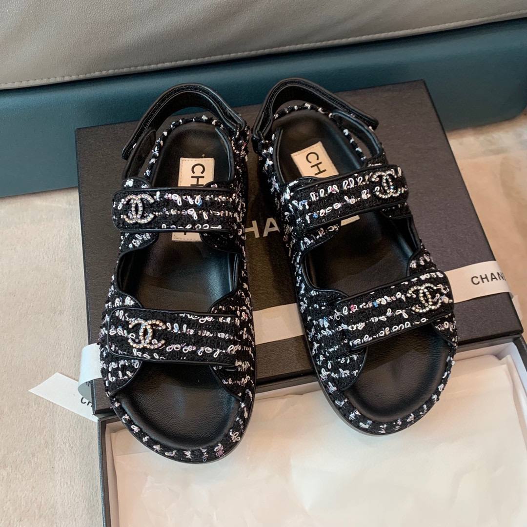 [TOP] CHANEL Dad Sandals Tweed  Stones Double C - Black and White