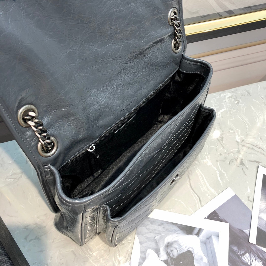 [TOP] Yves Saint Laurent YSL Medium Niki Wrinkles Leather Bag - Stormy Grey