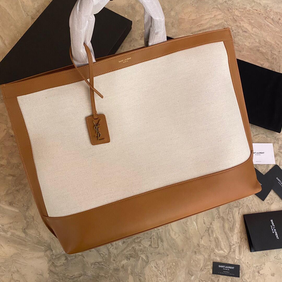 [TOP] Yves Saint Laurent YSL Cabas Linen Tote Bag - White and Brown