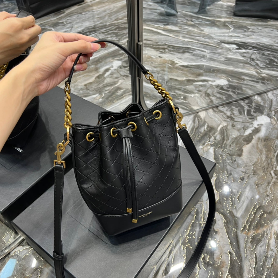 [TOP] Yves Saint Laurent YSL Emmanuelle Small Quilted Lambskin Bucket Bag - Black