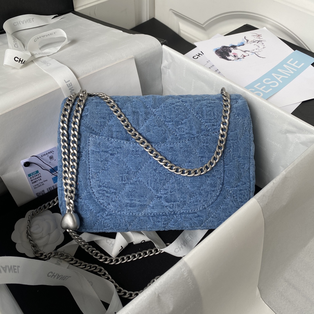 [TOP] CHANEL Cowboy Classic Flap Bag 14X20x8cm/19X24x9cm - SHW - Blue