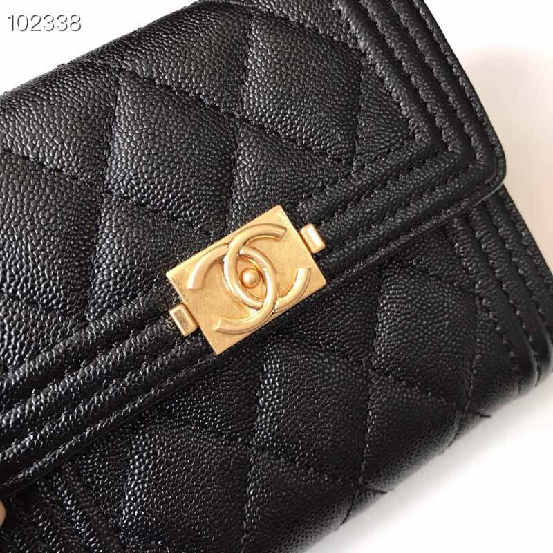 [TOP] CHANEL Boy Trifold Wallet Caviar Skin - Black W GHW