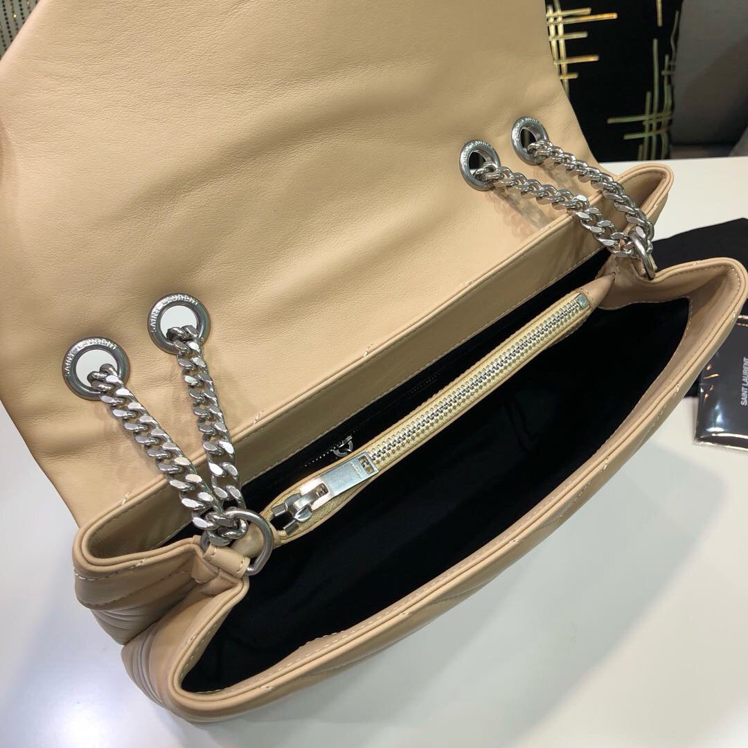[TOP] Yves Saint Laurent YSL LouLou Bag Medium 31cm - Beige with Silver