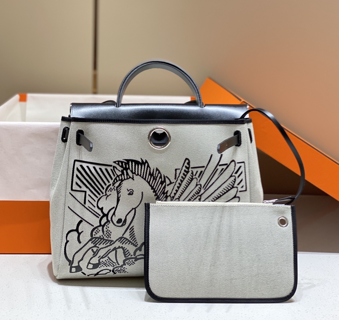 [TOP] HERMES Herbag Zip Canvas Handbag 31cm - Black Brown