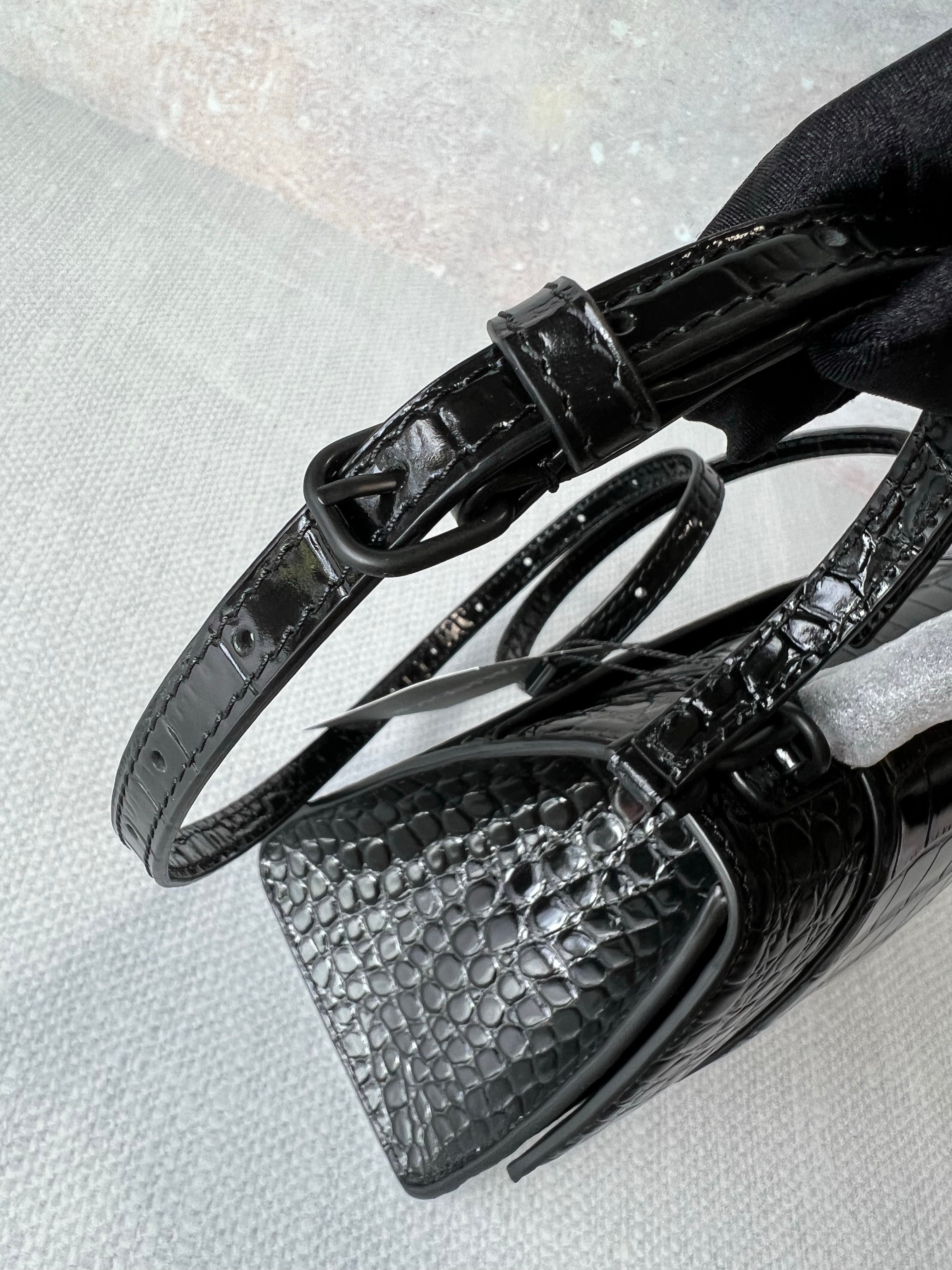 [TOP] BALENCIAGA Hourglass Crocodile-Print Cowhide Small Bag 23x14x10cm - Black on Black