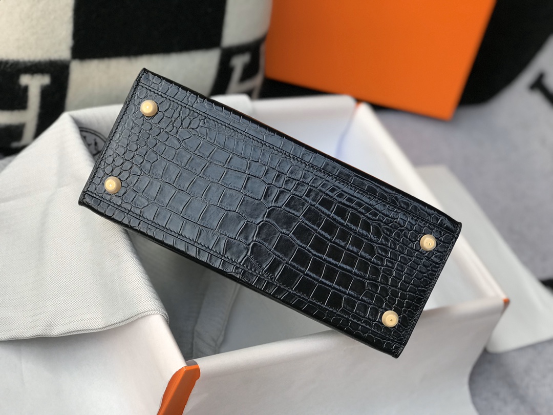 [TOP] HERMES Crocodile Kelly Bag 25cm  28cm - Black&GHW