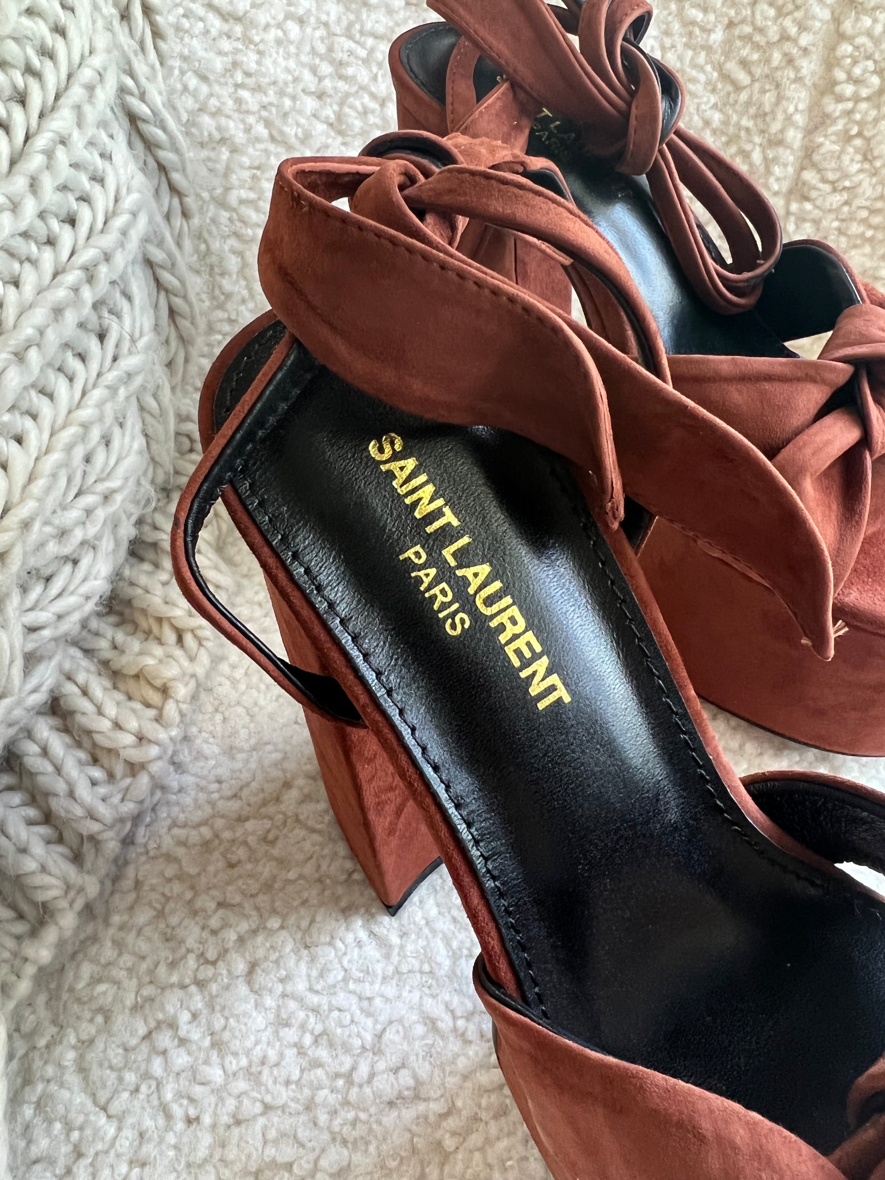 [TOP] Yves Saint Laurent YSL Suede Platform High Heels - Brown