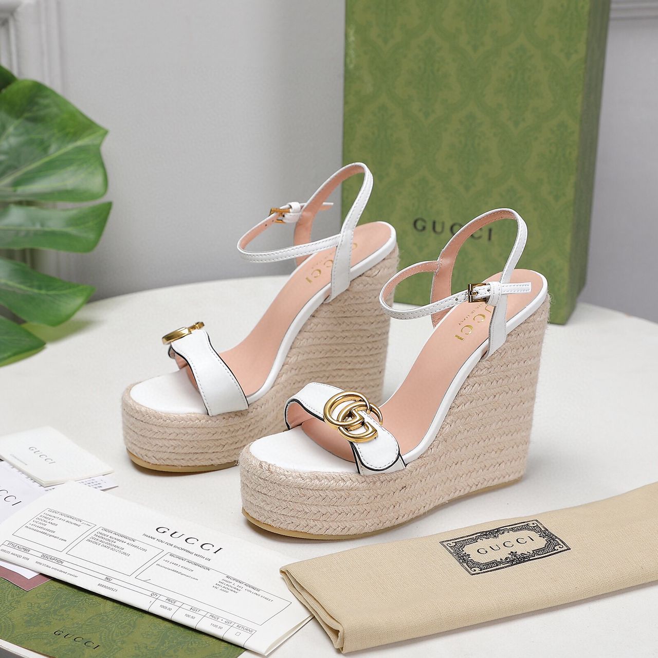 [TOP] GUCCI G*G Platform Espadrilles Sandals - White