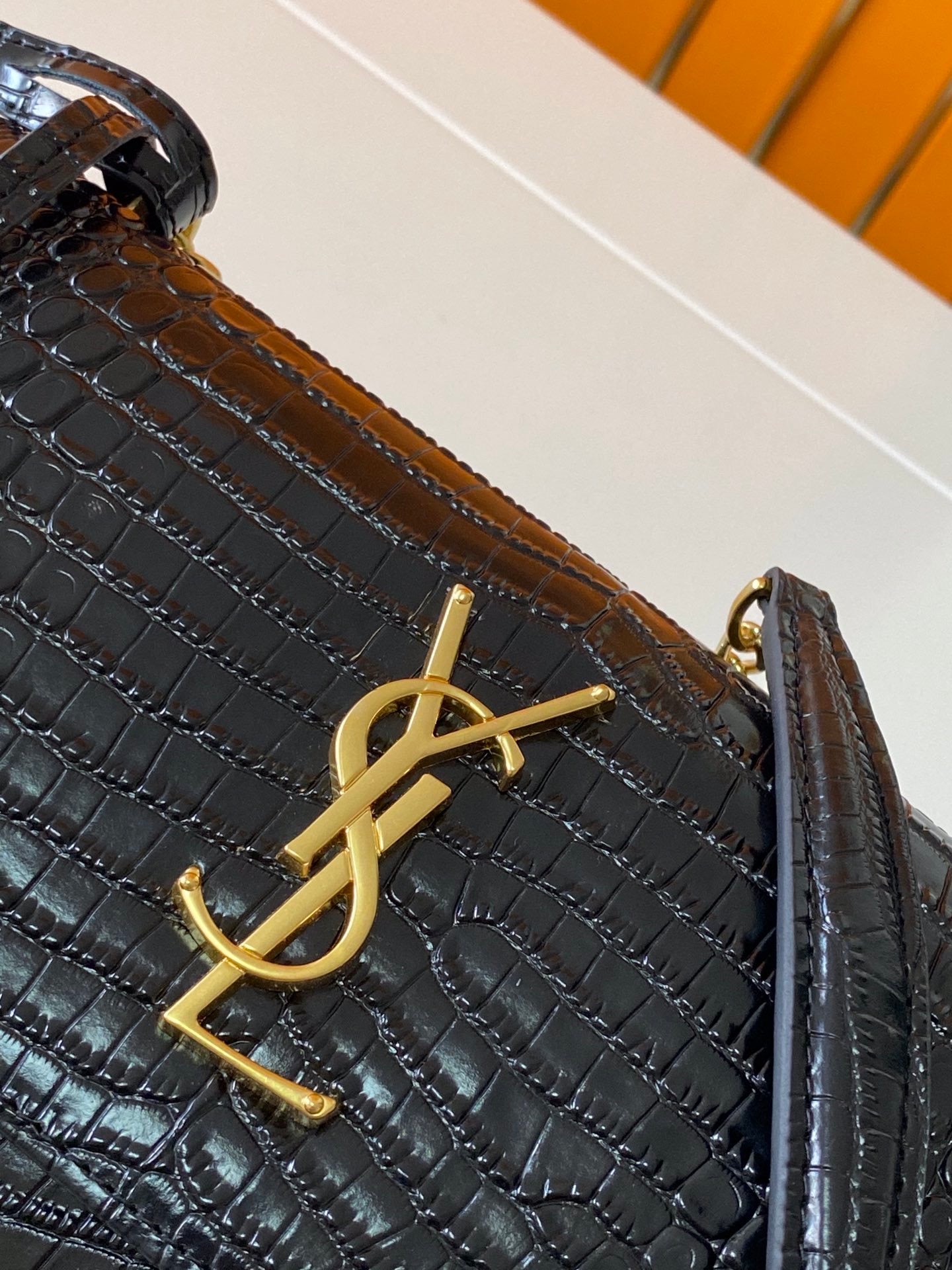 [TOP] Yves Saint Laurent YSL Small Monogram Sunset Croc Embossed Leather Bag - Black w GHW