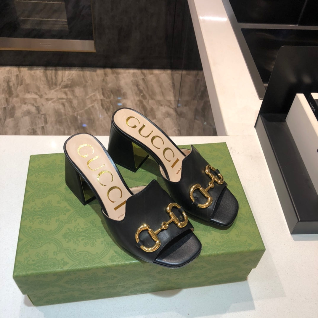 [TOP] GUCCI G*G Horsebit Slide Sandal Block Heels - Black