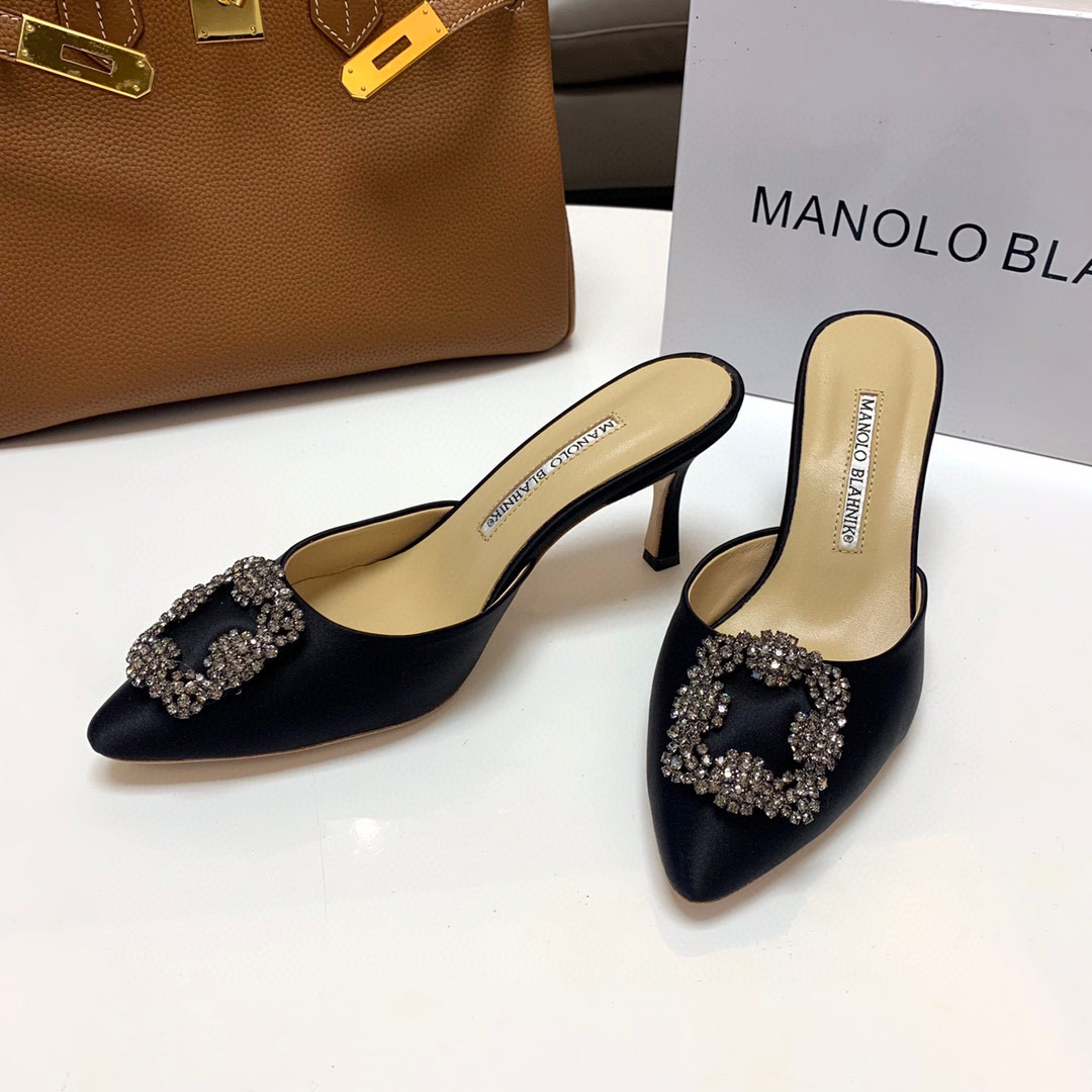 [TOP] Manolo Blahnik HANGISI Satin Crystal Sling back Mules - 5 Colours