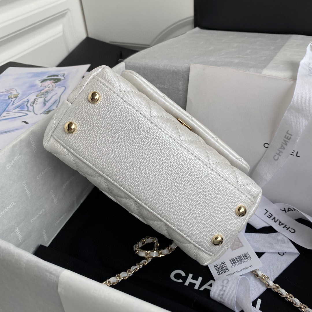 [TOP] CHANEL CoCo Handle Bag Carviar Small 19cm - Pearl White & GHW