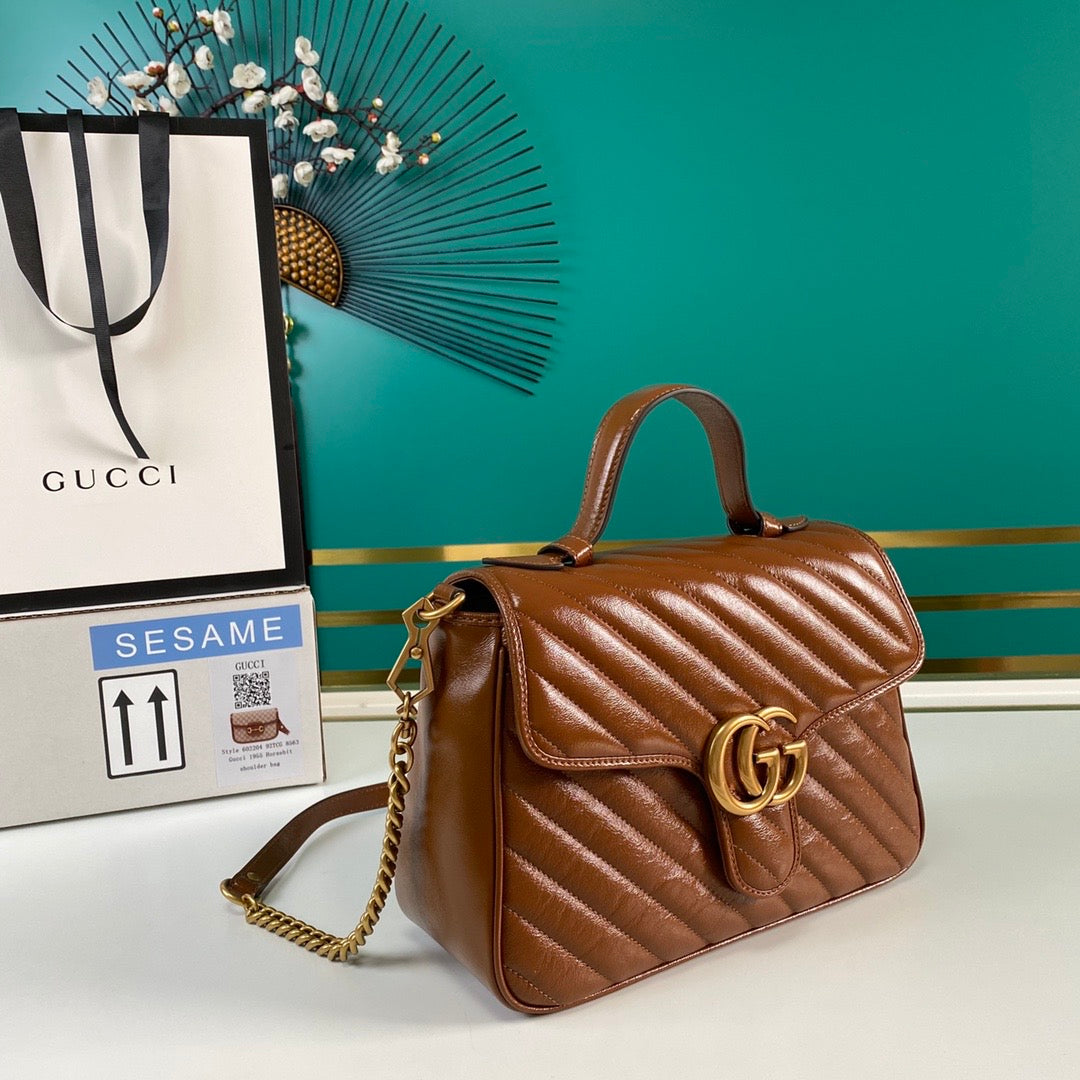 [TOP] GUCCI G*G Marmont Medium Top Handle Bag 27*13.5*10 - Brown