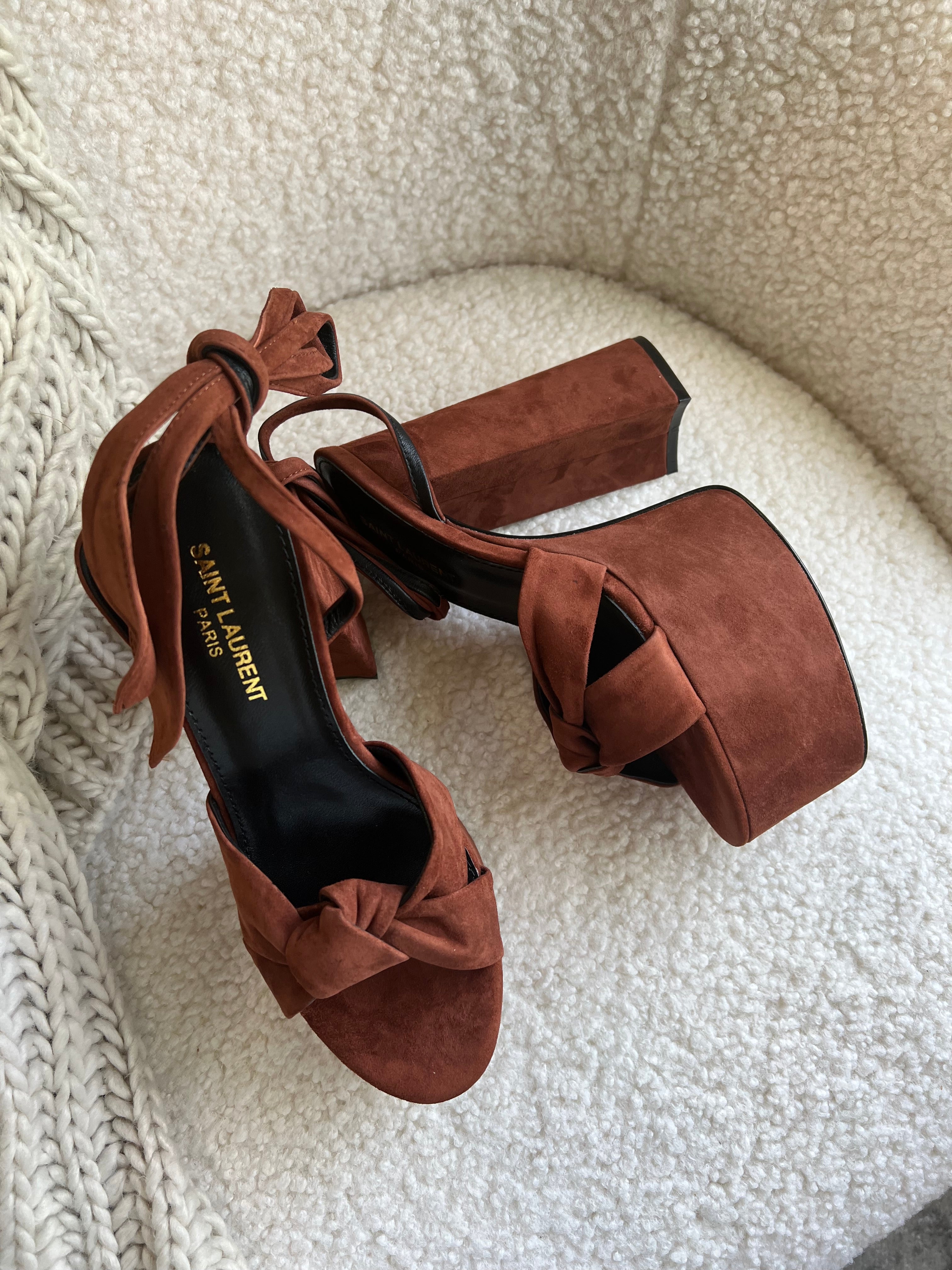 [TOP] Yves Saint Laurent YSL Suede Platform High Heels - Brown