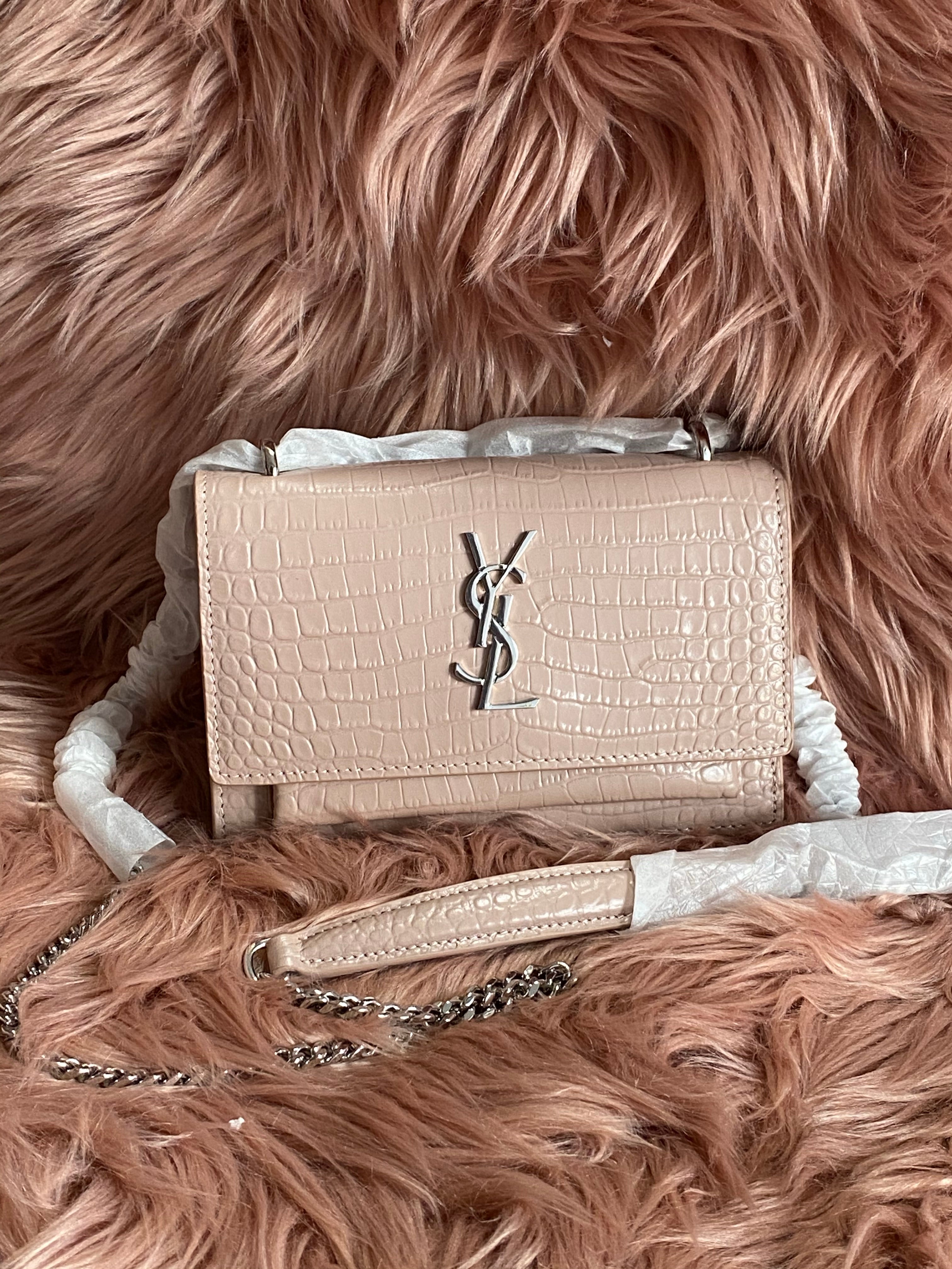 [TOP] Yves Saint Laurent YSL Pink Mini Monogram Sunset Croc Embossed Leather Shoulder Bag