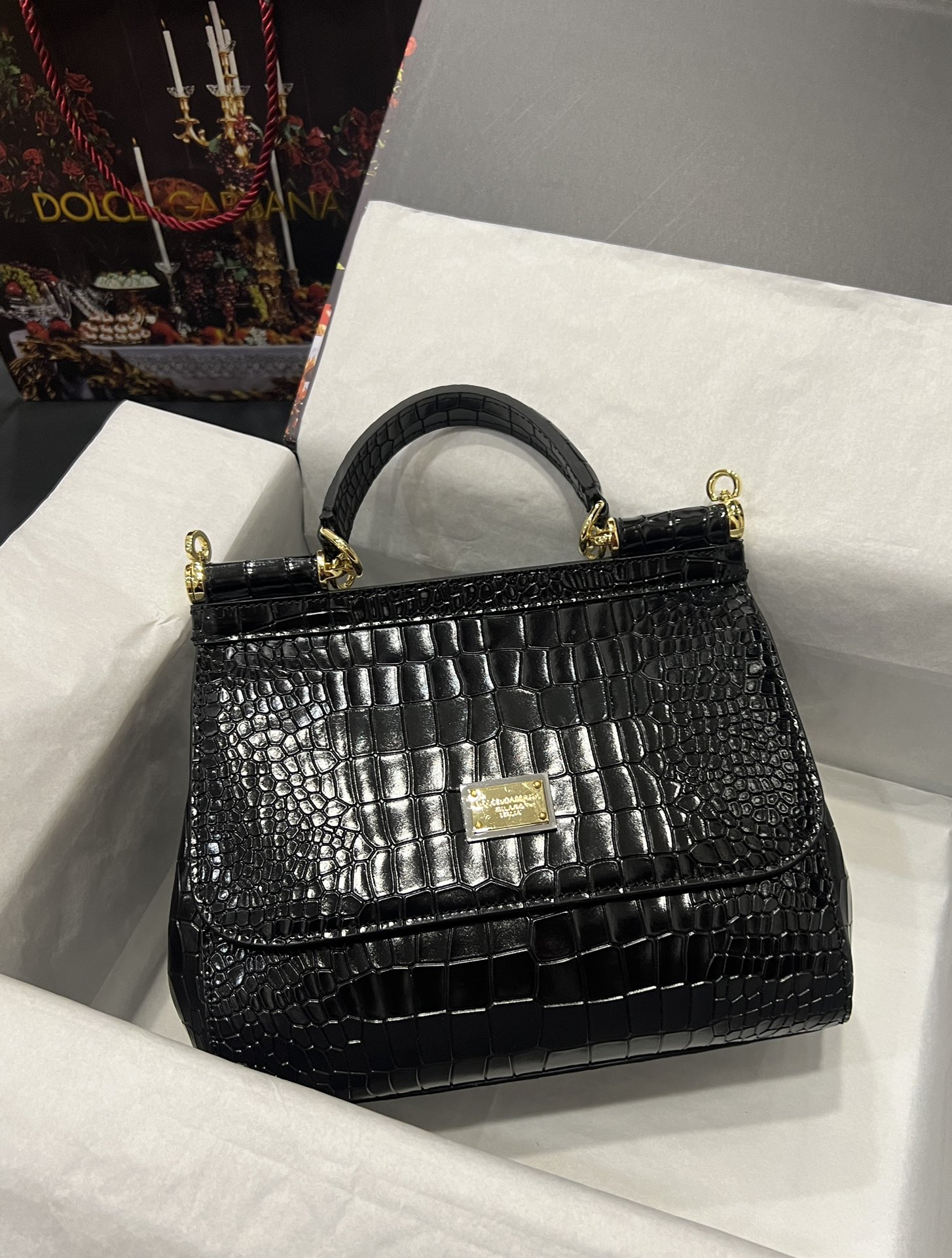 [TOP] Dolce & Gabbana D&G Crocodile-print Calfskin Handbag 20cm/25cm -  Black