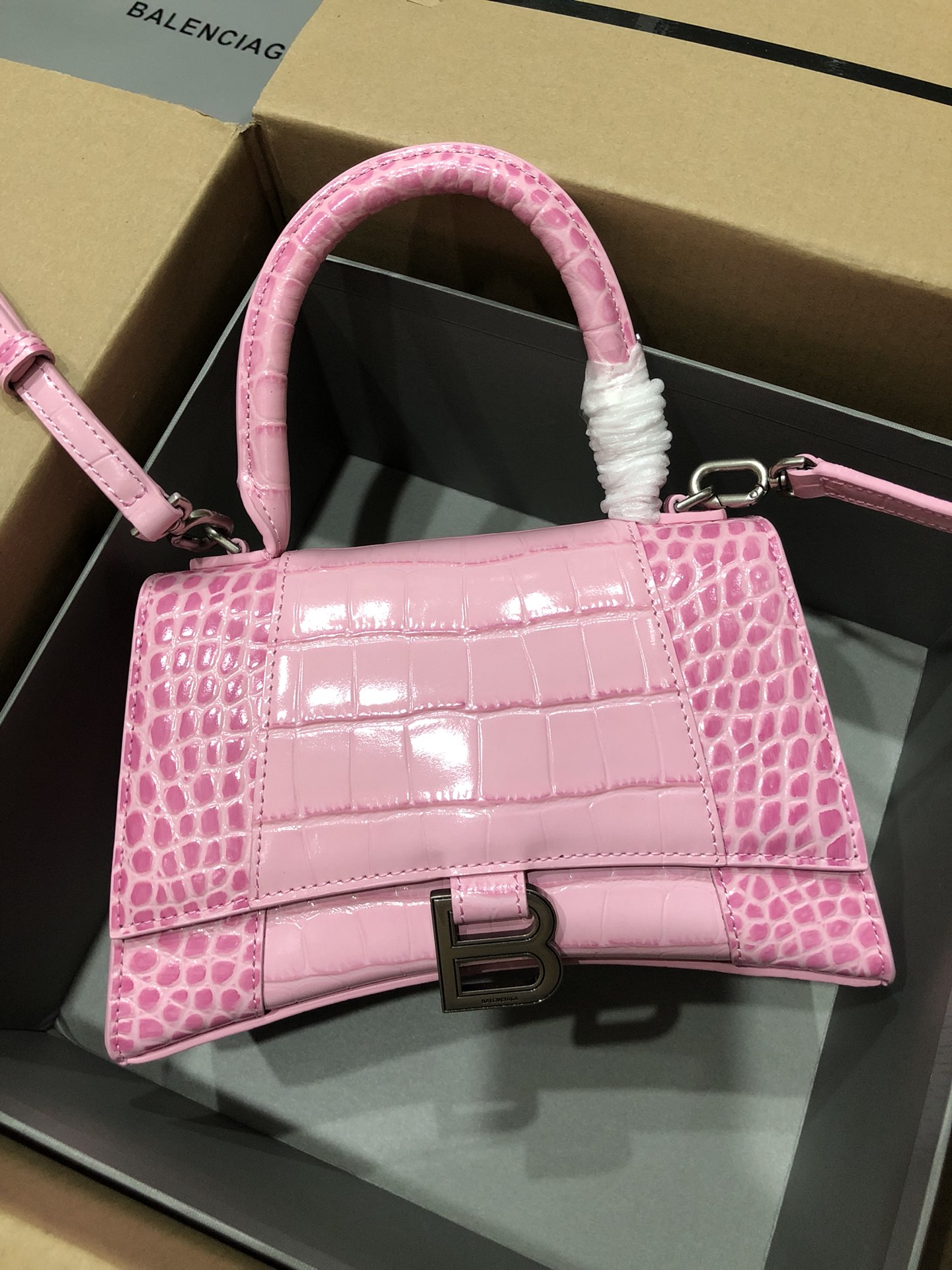 [TOP] BALENCIAGA Crocodile-Print Hourglass Bag 19/23cm - Pink