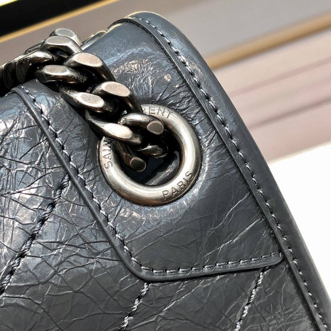 [TOP] Yves Saint Laurent YSL Medium Niki Wrinkles Leather Bag - Stormy Grey