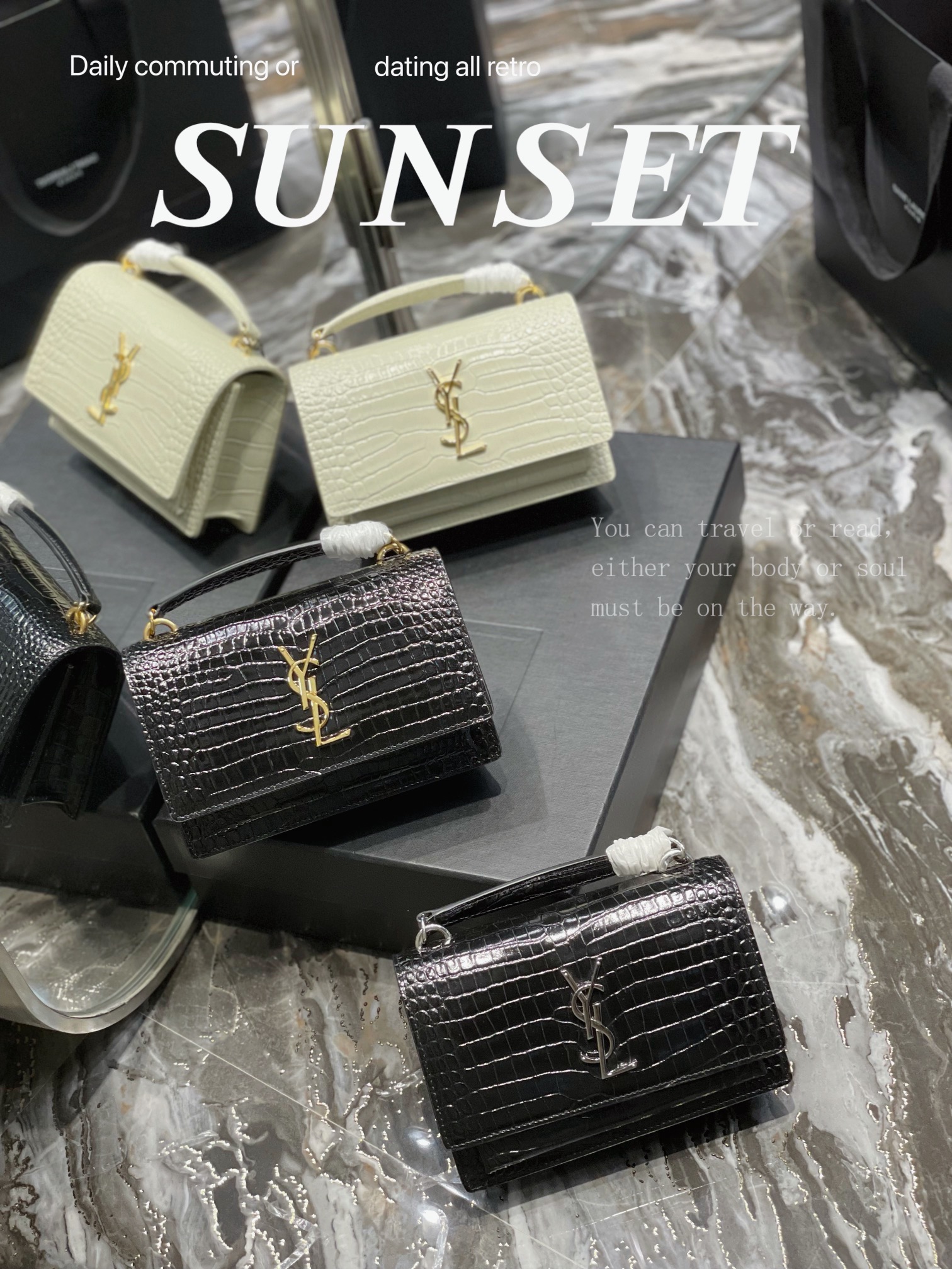 [TOP] Yves Saint Laurent YSL Crocodile Sunset Shoulder Bag -  SHW&GHW - 2 Color