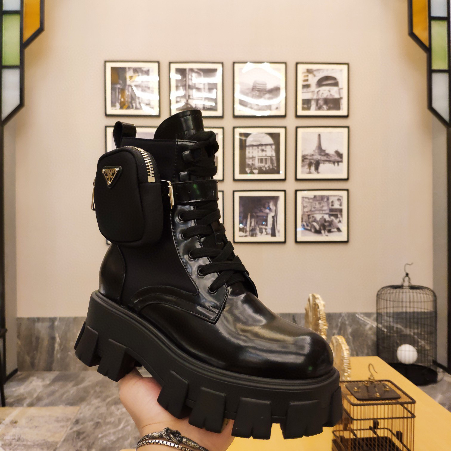 [TOP] PRADA Monolith Patent Leather and Nylon Ankle Boots With Small Bas - Black