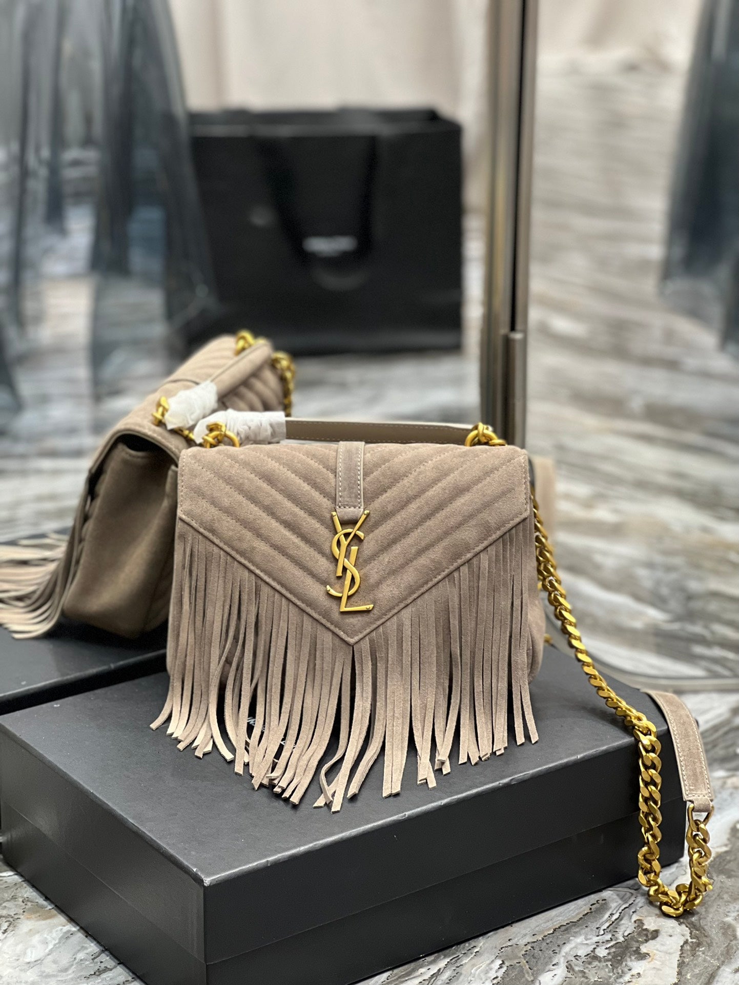 [TOP] Yves Saint Laurent YSL College Fringe Suede Small Bag - Dusty Grey GHW