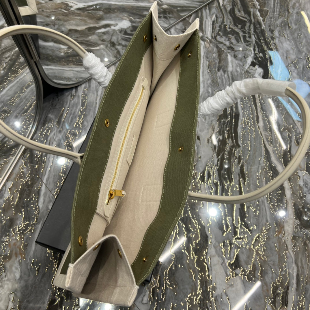 [TOP] Yves Saint Laurent YSL Rive Gauche Canvas Tote Bag - Green