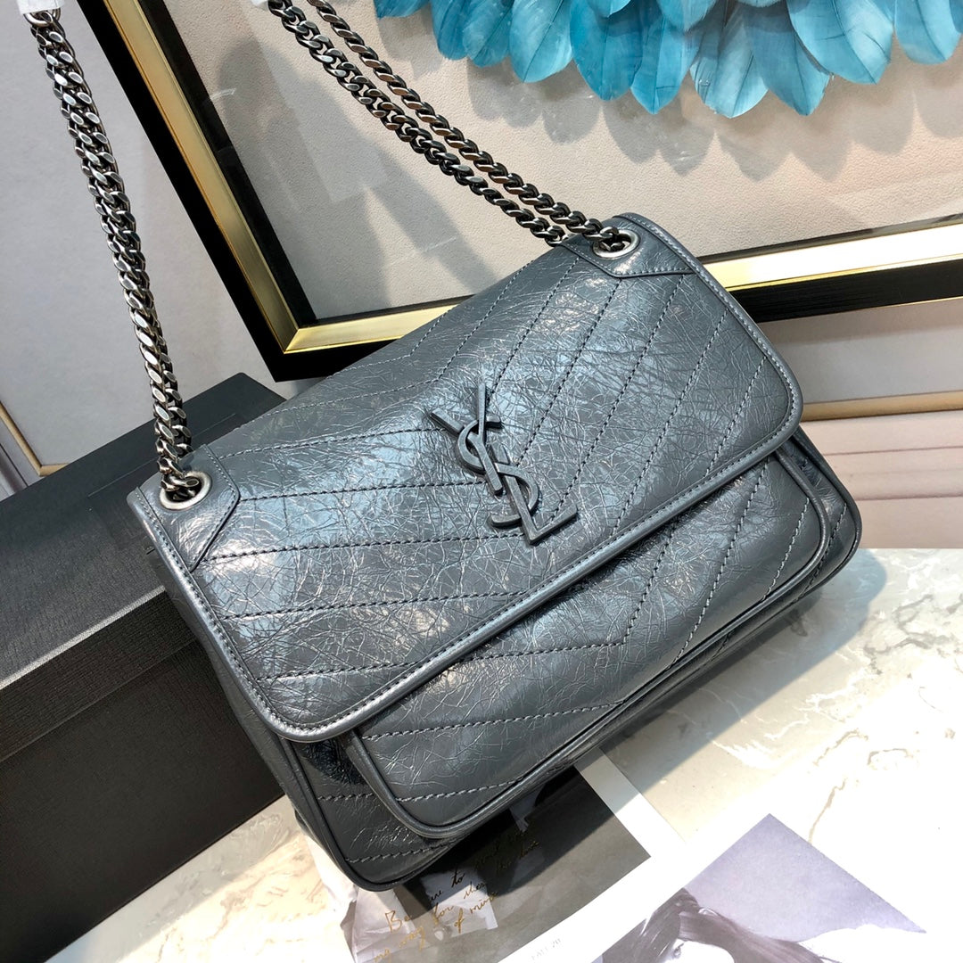 [TOP] Yves Saint Laurent YSL Medium Niki Wrinkles Leather Bag - Stormy Grey