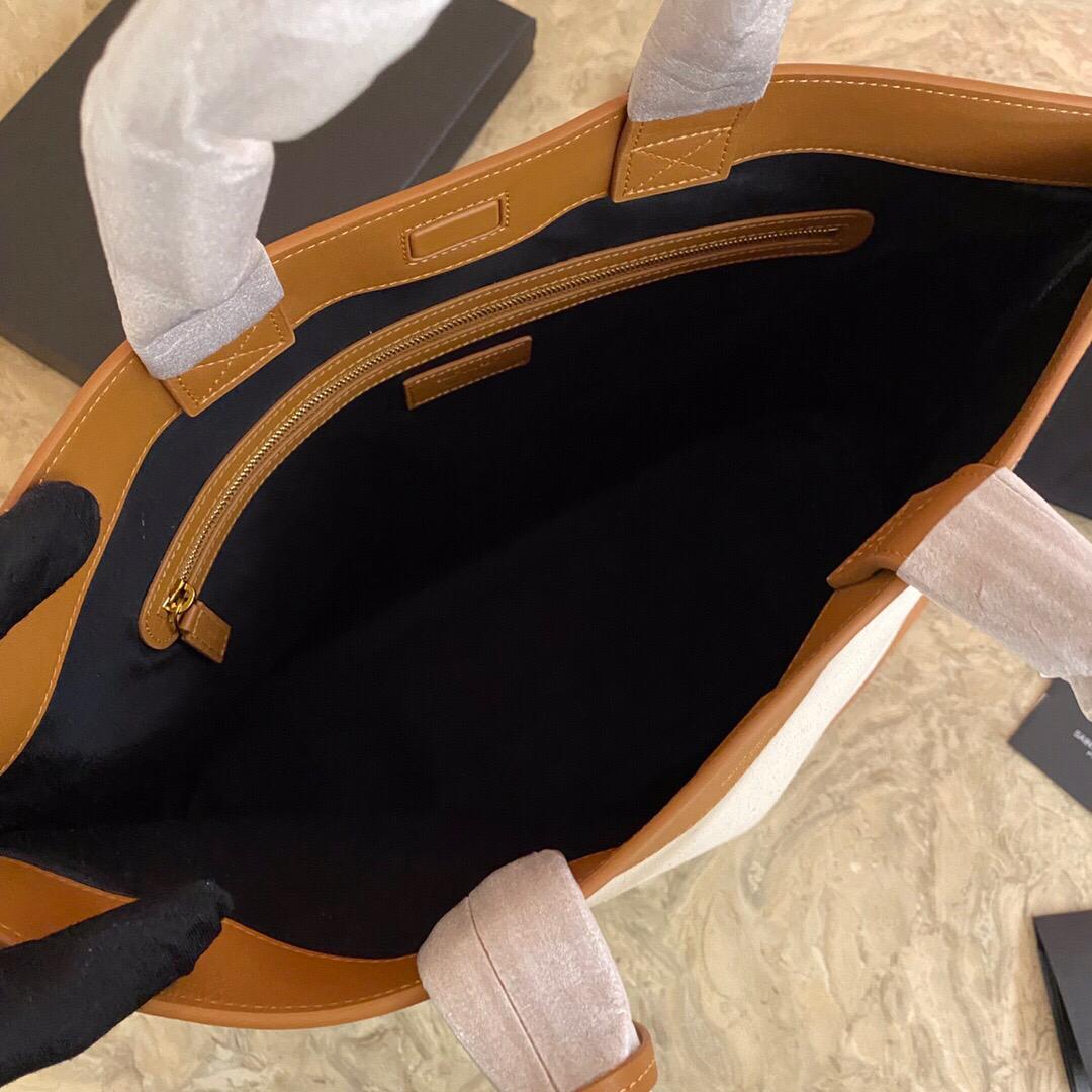 [TOP] Yves Saint Laurent YSL Cabas Linen Tote Bag - White and Brown