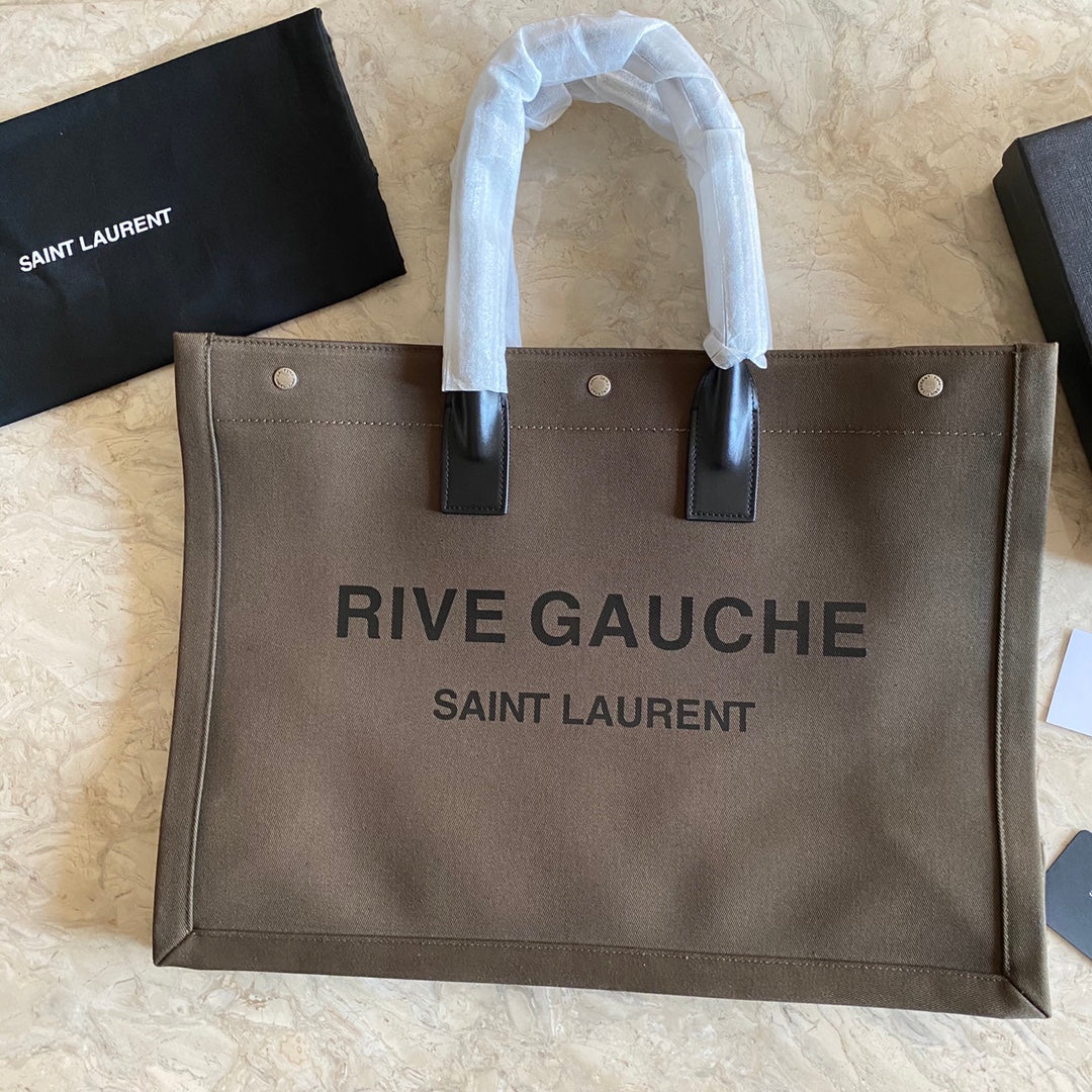 [TOP] Yves Saint Laurent YSL Rive Gauche Canvas Tote Bag - Green