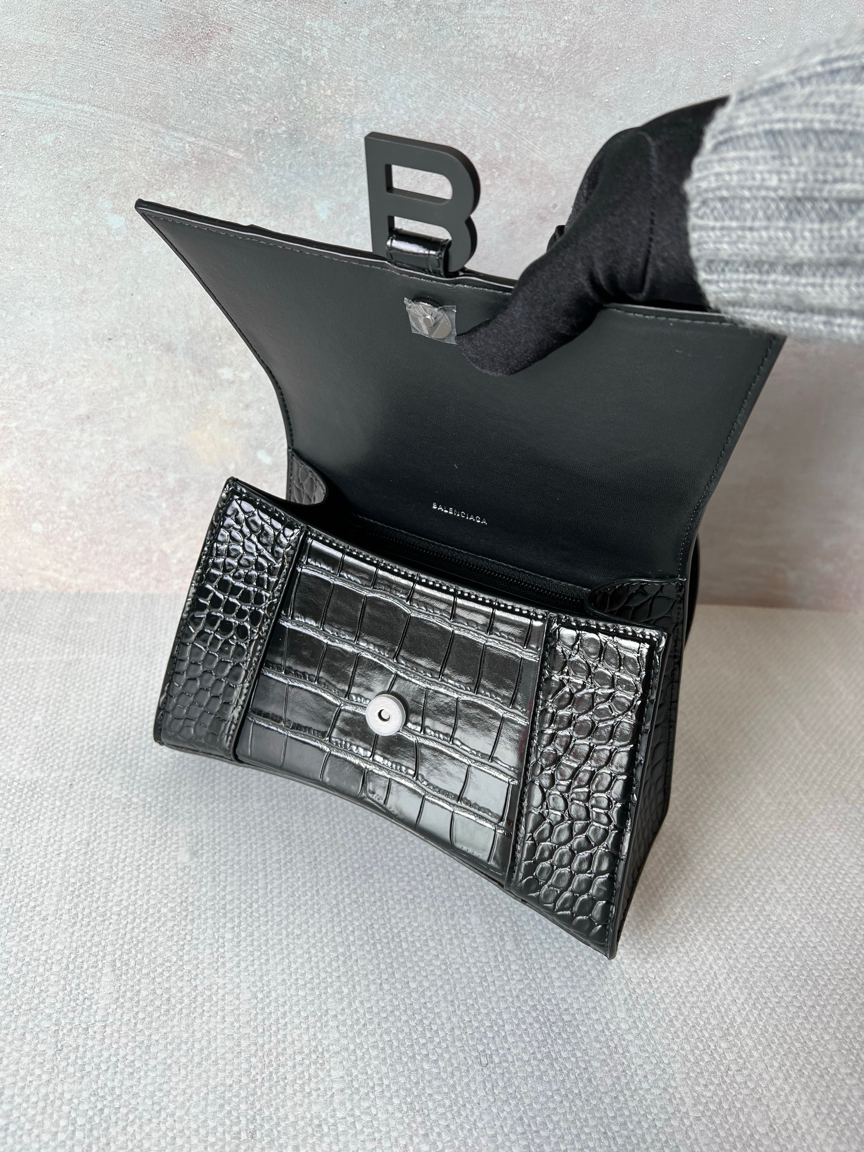 [TOP] BALENCIAGA Hourglass Crocodile-Print Cowhide Small Bag 23x14x10cm - Black on Black