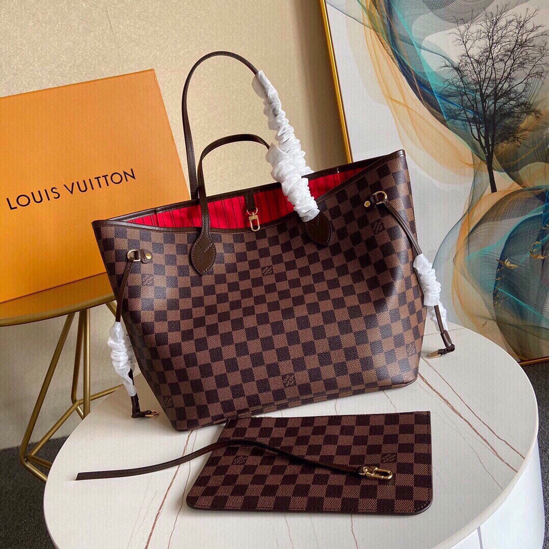 [TOP] Louis Vuitton LV LV Neverfull MM Damier Ebene 32x17x28cm  - Red