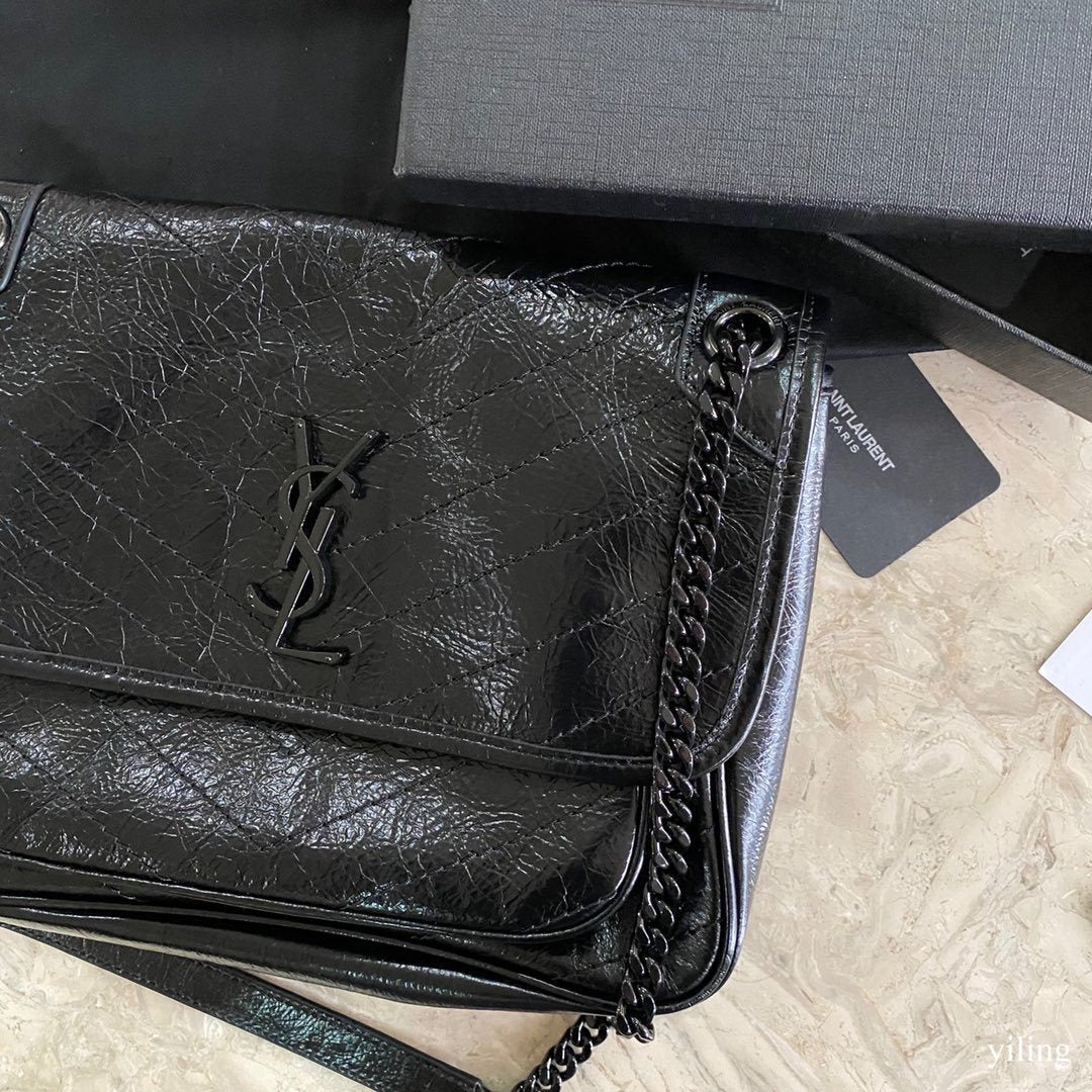 [TOP] Yves Saint Laurent YSL Medium Niki Wrinkles Leather Bag - Black on Black