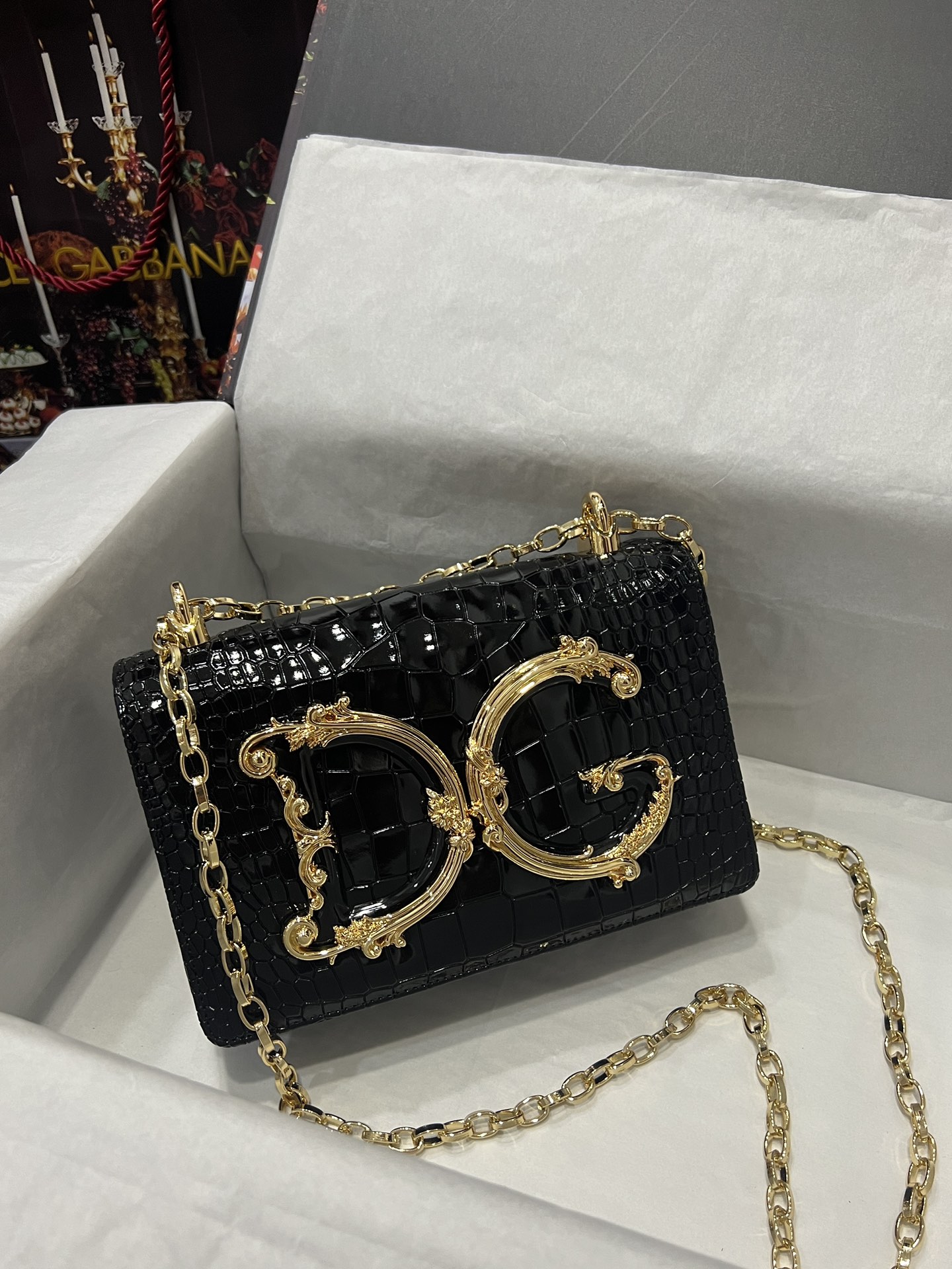 [TOP] Dolce & Gabbana D&G Crocodile-print Calfskin DG Girls Bag 21*4*15 - Black