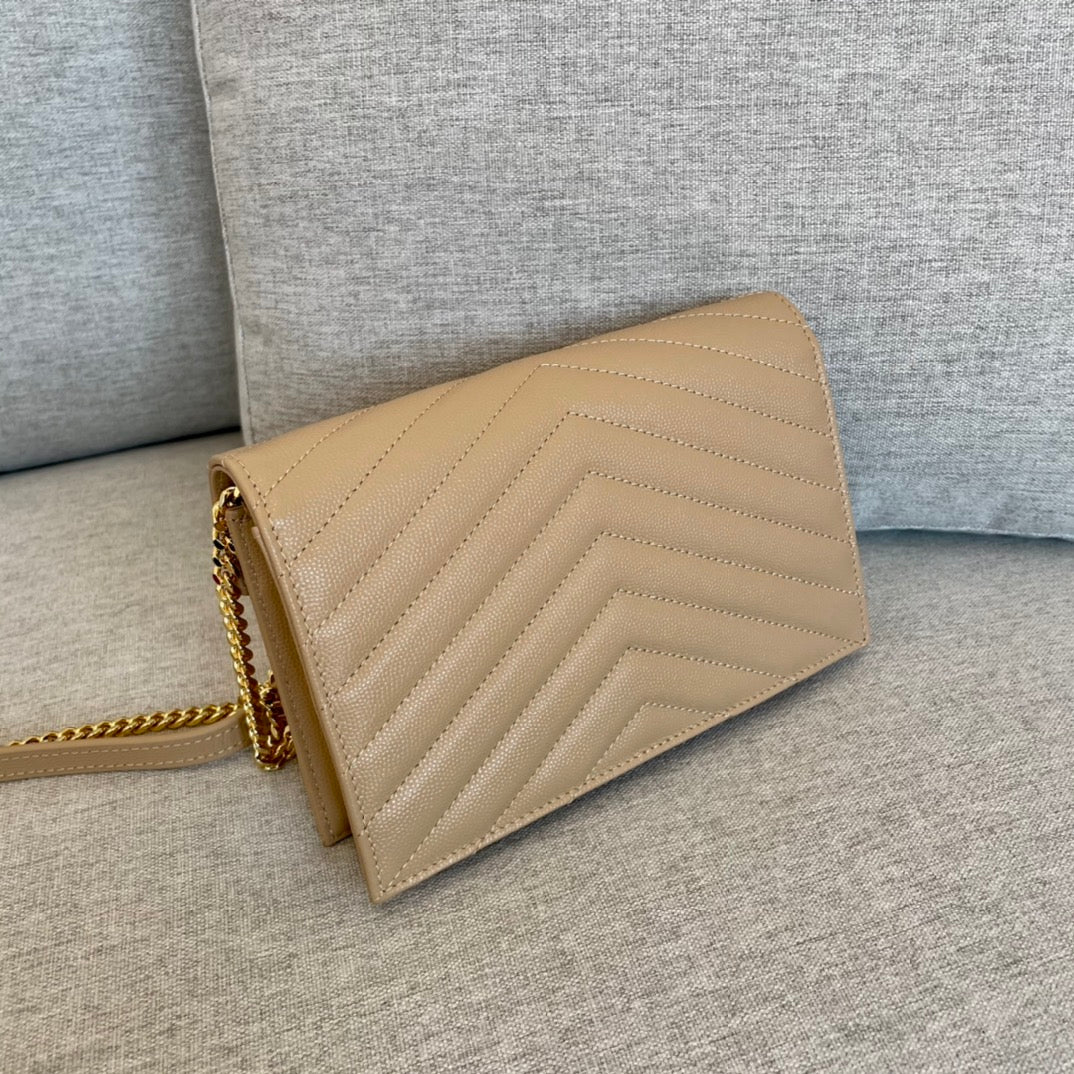 [TOP] Yves Saint Laurent YSL Envelope Chain Wallet Grain Leather - Beige