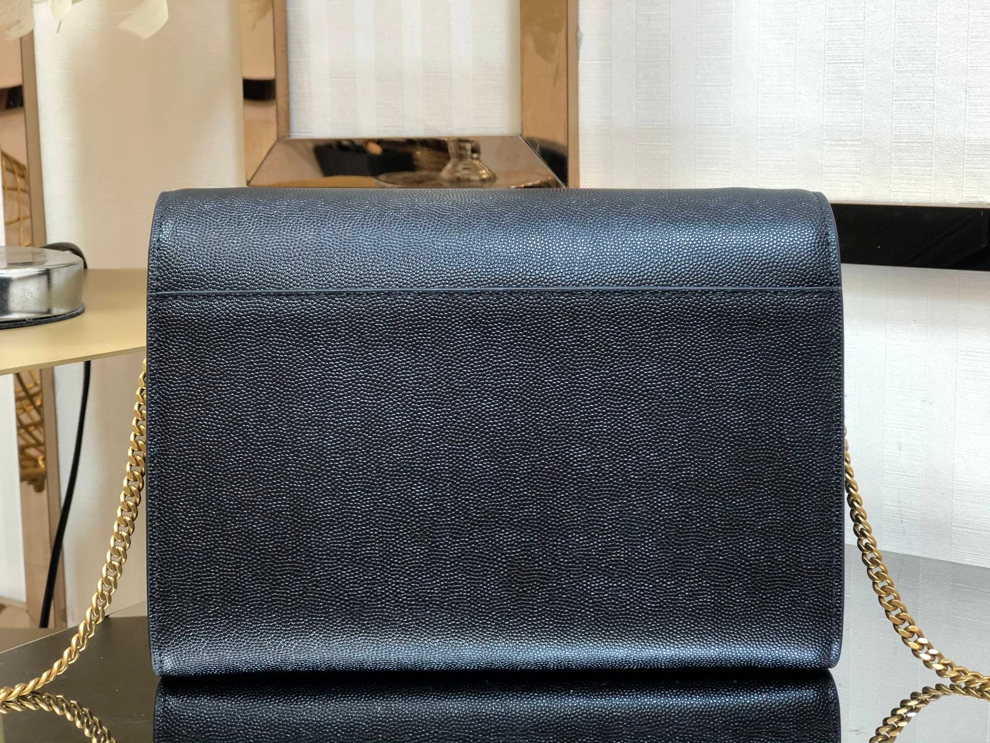 [TOP] Yves Saint Laurent YSL Cassandra Chain Wallet Grain Leather - Black