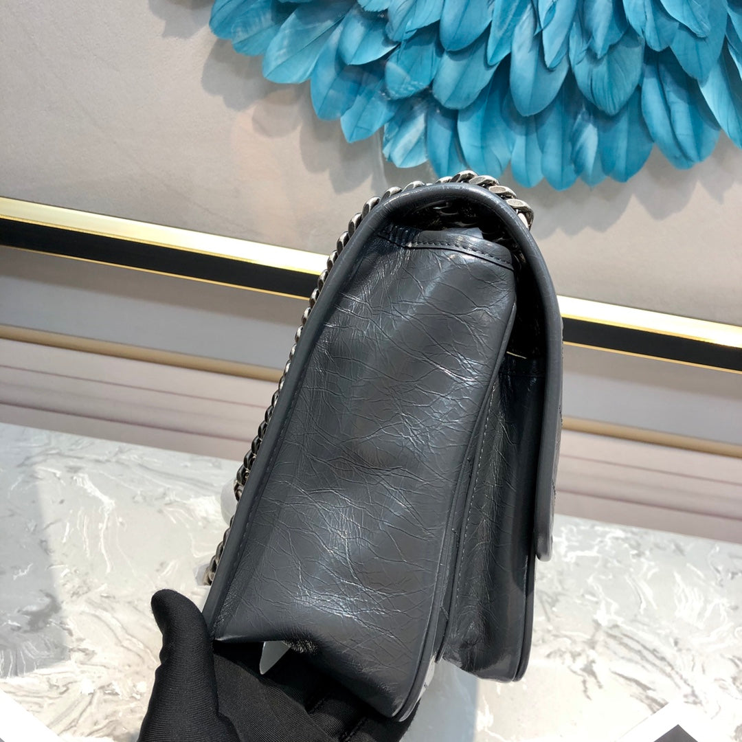 [TOP] Yves Saint Laurent YSL Medium Niki Wrinkles Leather Bag - Stormy Grey