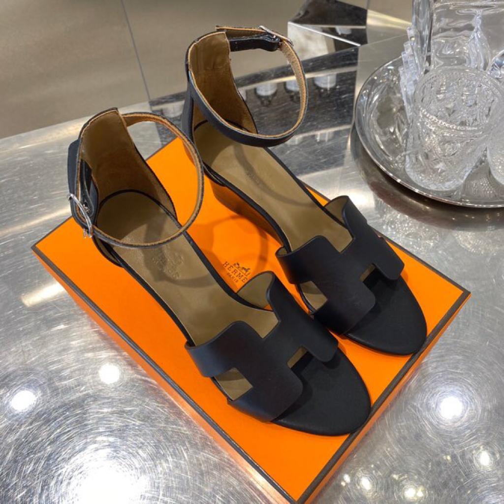 [TOP] HERMES Wedges Sandals Smooth Leather - Black