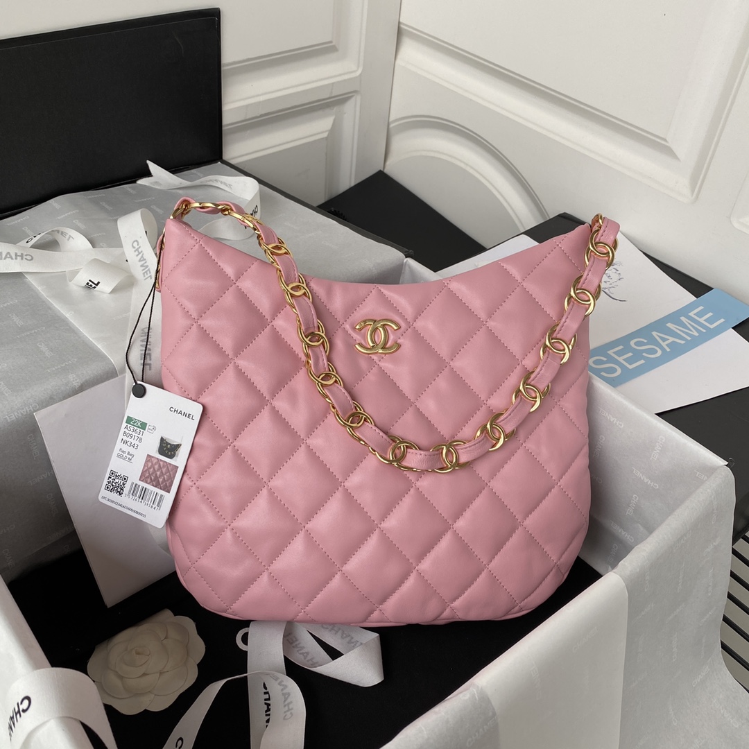 [TOP] CHANEL Hobo Bag 17.5X24X6cm/26×30×7cm - GHW - White/Pink