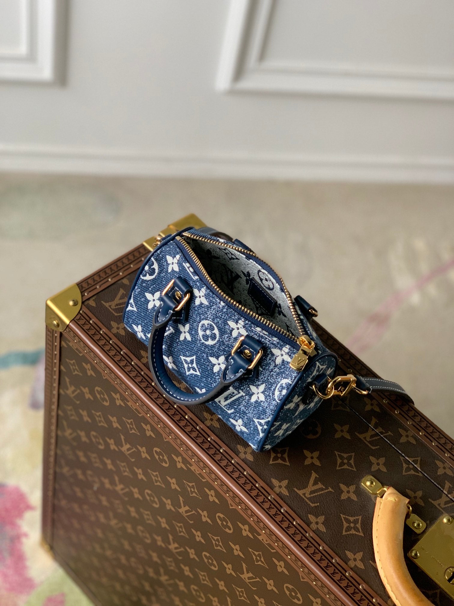 [TOP] Louis Vuitton LV Monogram Speedy 20 Denim 20x13.5x12cm-Dark Blue