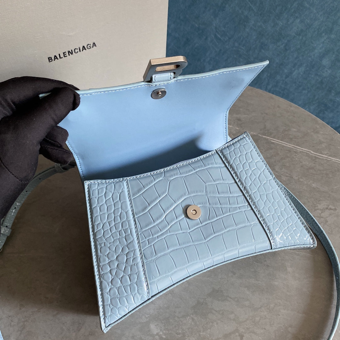 [TOP] BALENCIAGA Hourglass Small Crocodile-Print Cowhide Bag 23x14x10cm - Light Blue
