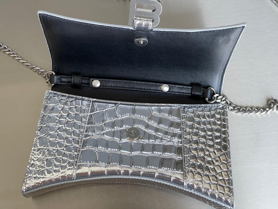 [TOP] BALENCIAGA Hourglass WOC Crocodile-Print 19x12x5cm  - Silver w SHW