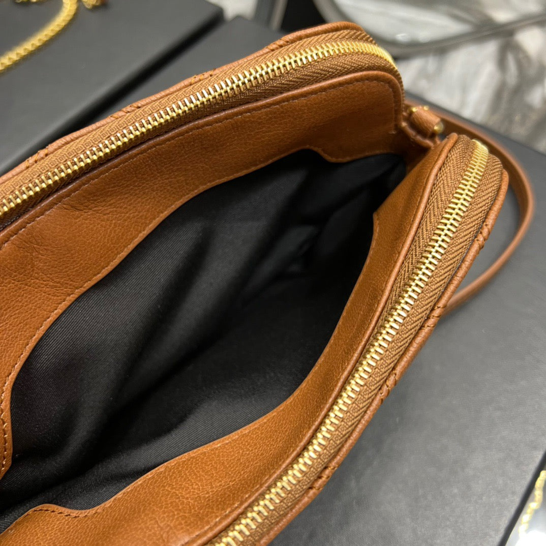 [TOP] Yves Saint Laurent YSL Beckly Double Zip Pouch Bag - Brown