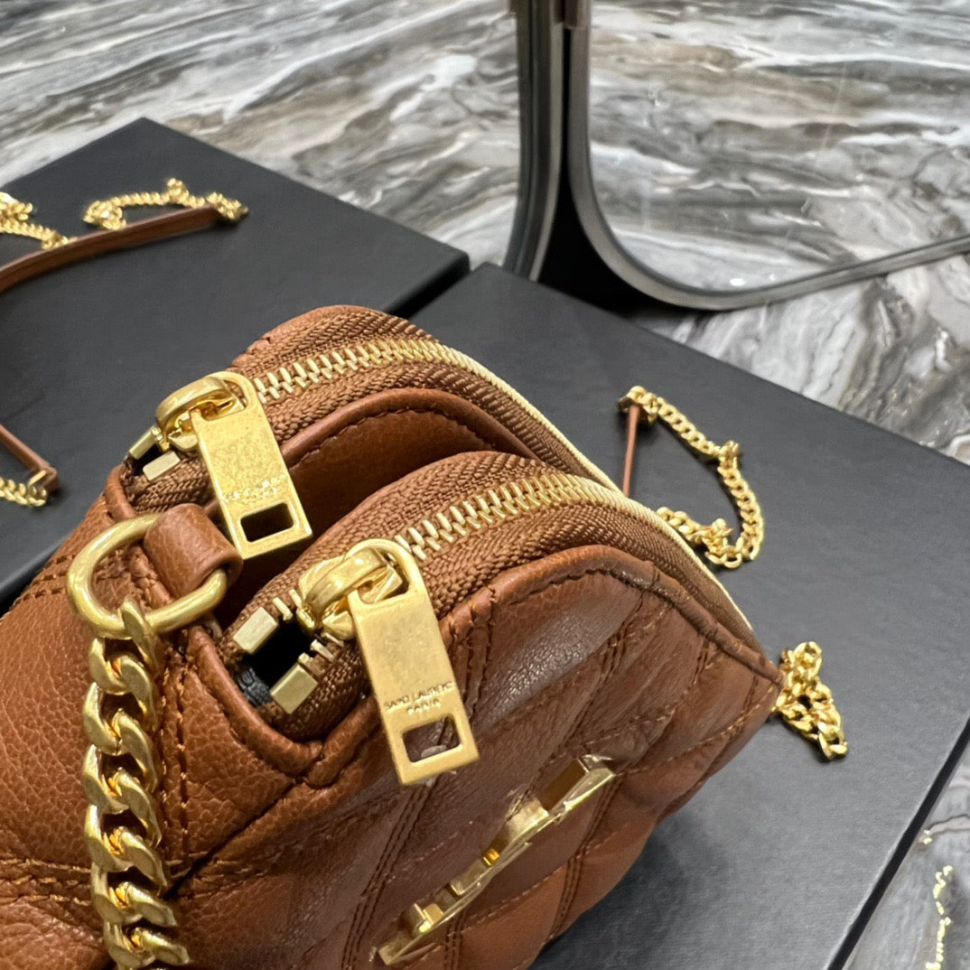 [TOP] Yves Saint Laurent YSL Beckly Double Zip Pouch Bag - Brown