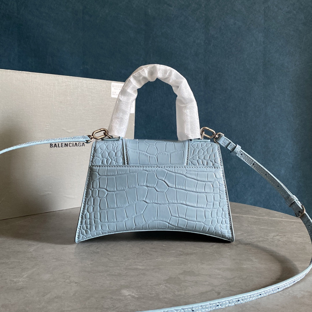 [TOP] BALENCIAGA Hourglass Small Crocodile-Print Cowhide Bag 23x14x10cm - Light Blue