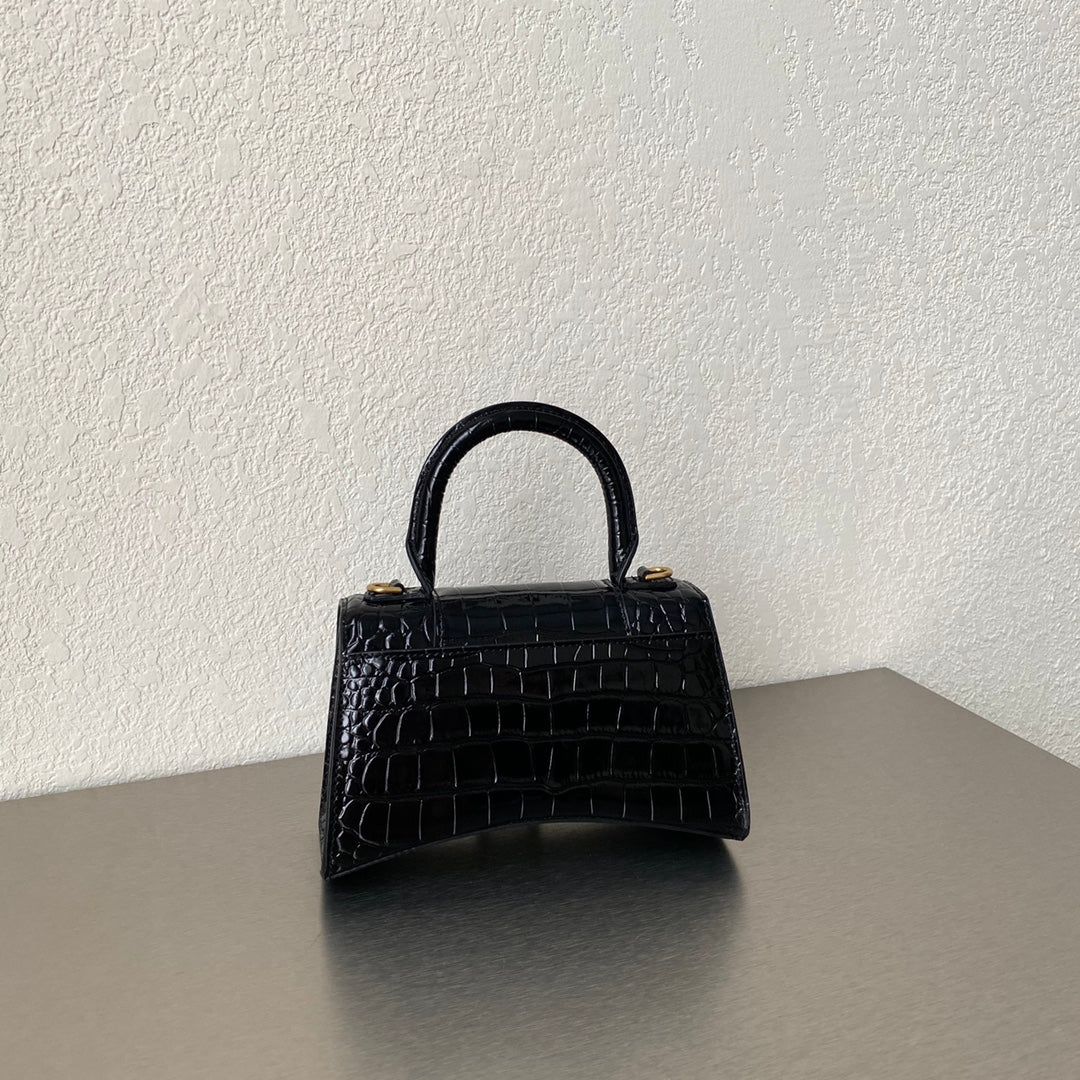 [TOP] BALENCIAGA Hourglass XS Crocodile-Print Bag 19cm - Black w Gold Hardware