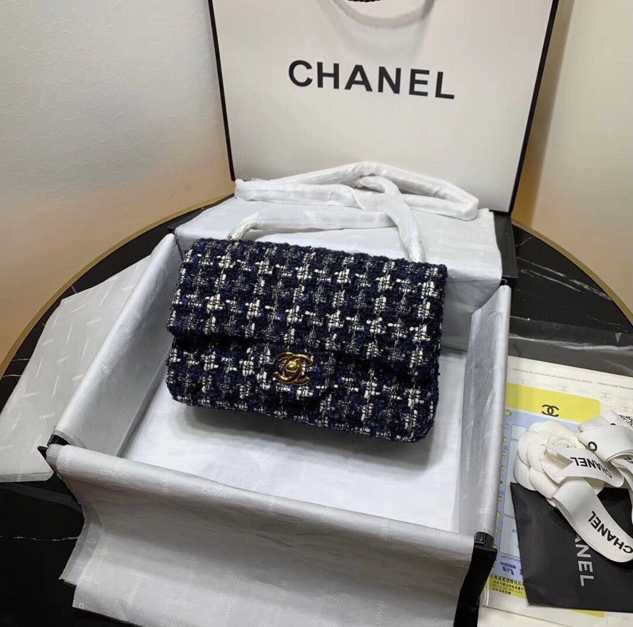 [TOP] CHANEL Classic Flab Bag Tweed Mini 20cm - Black & GHW