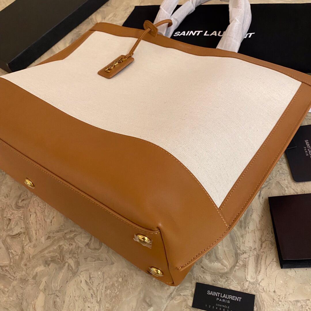 [TOP] Yves Saint Laurent YSL Cabas Linen Tote Bag - White and Brown