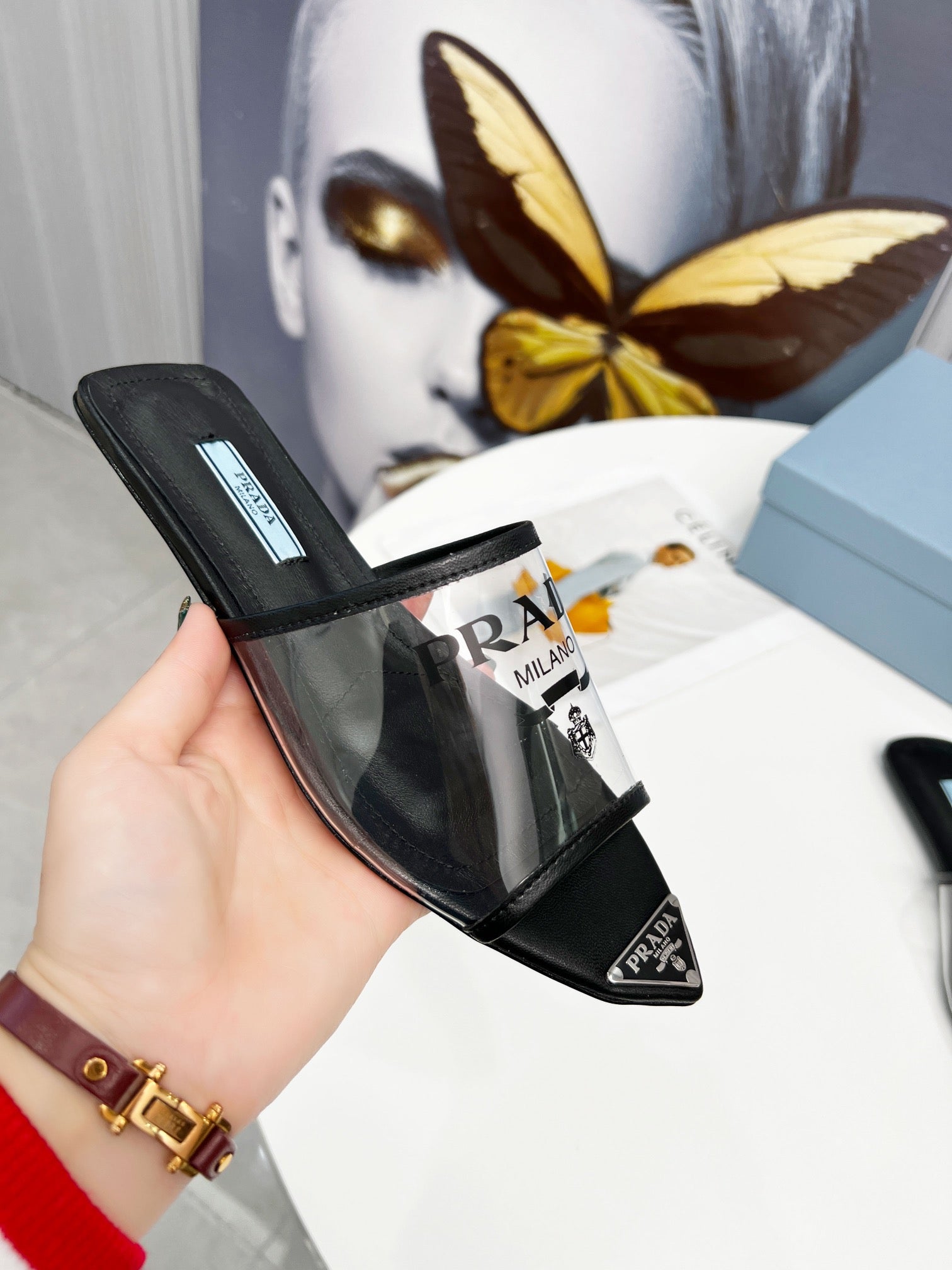 [TOP] PRADA Logo-print Plexiglas High-heel Slides - Black