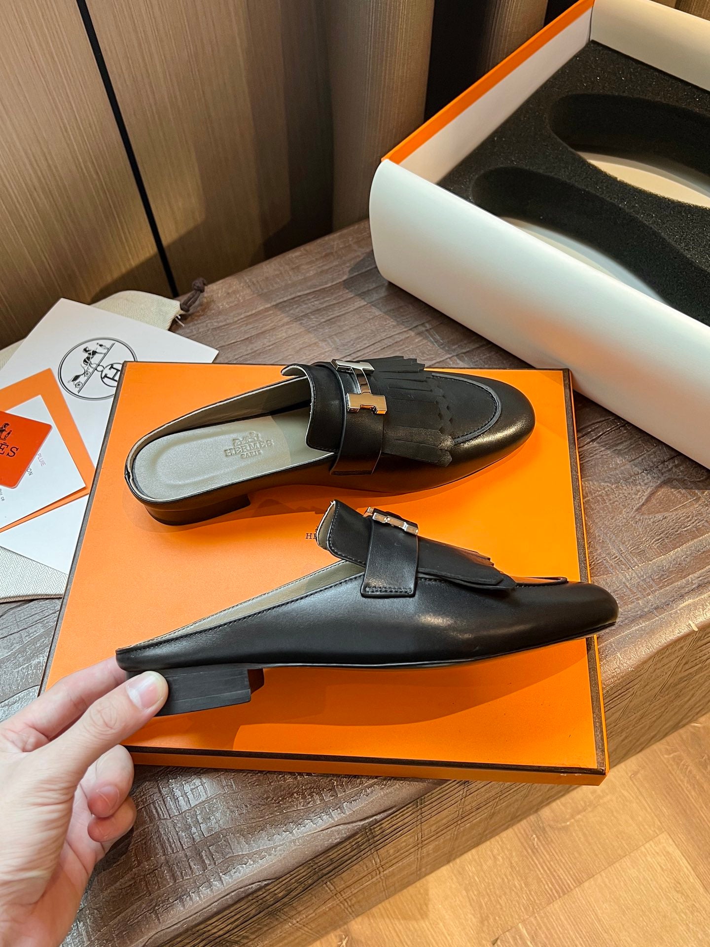 [TOP] HERMES Rivoli Mules - Black & SHW