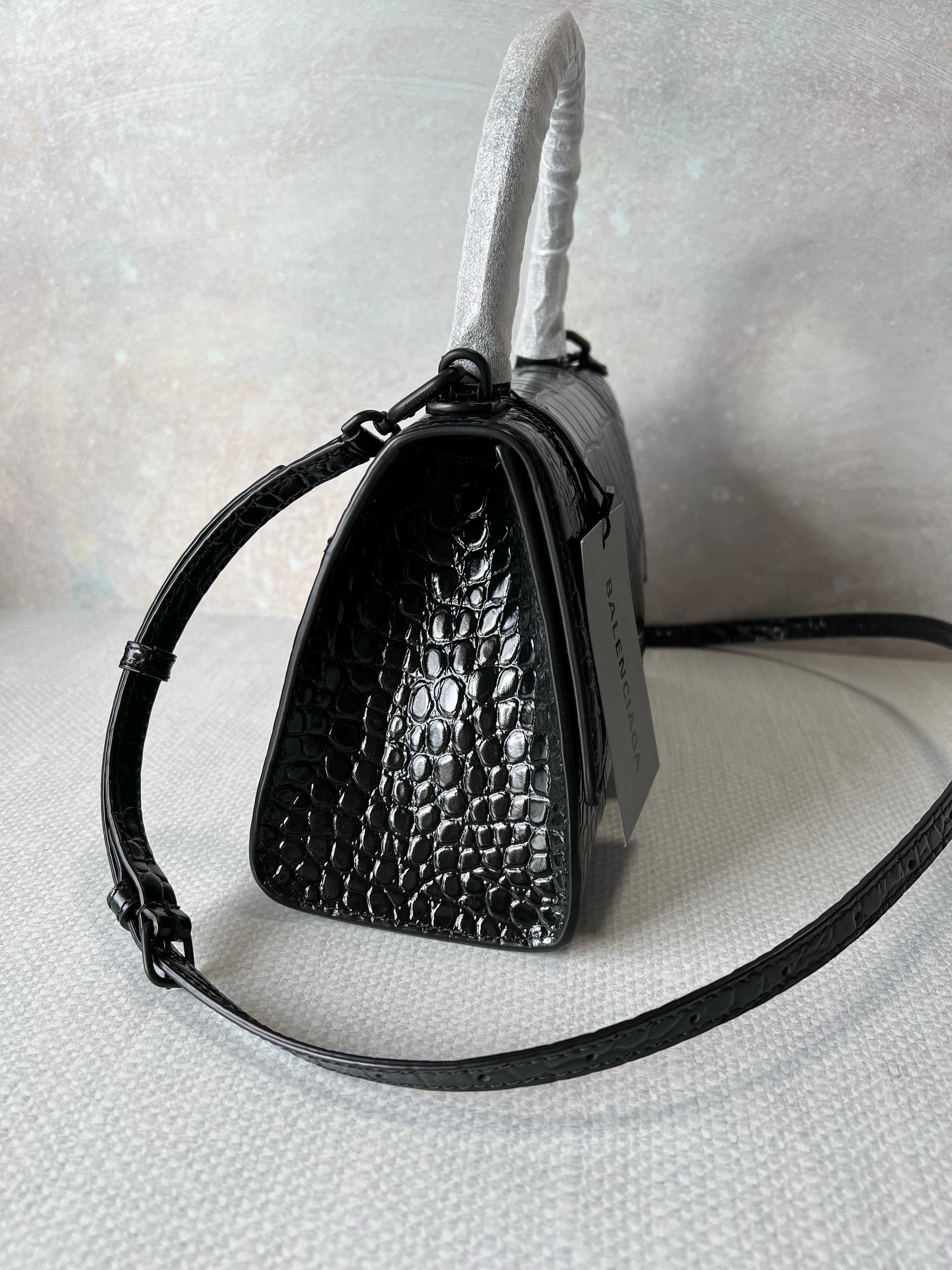 [TOP] BALENCIAGA Hourglass Crocodile-Print Cowhide Small Bag 23x14x10cm - Black on Black